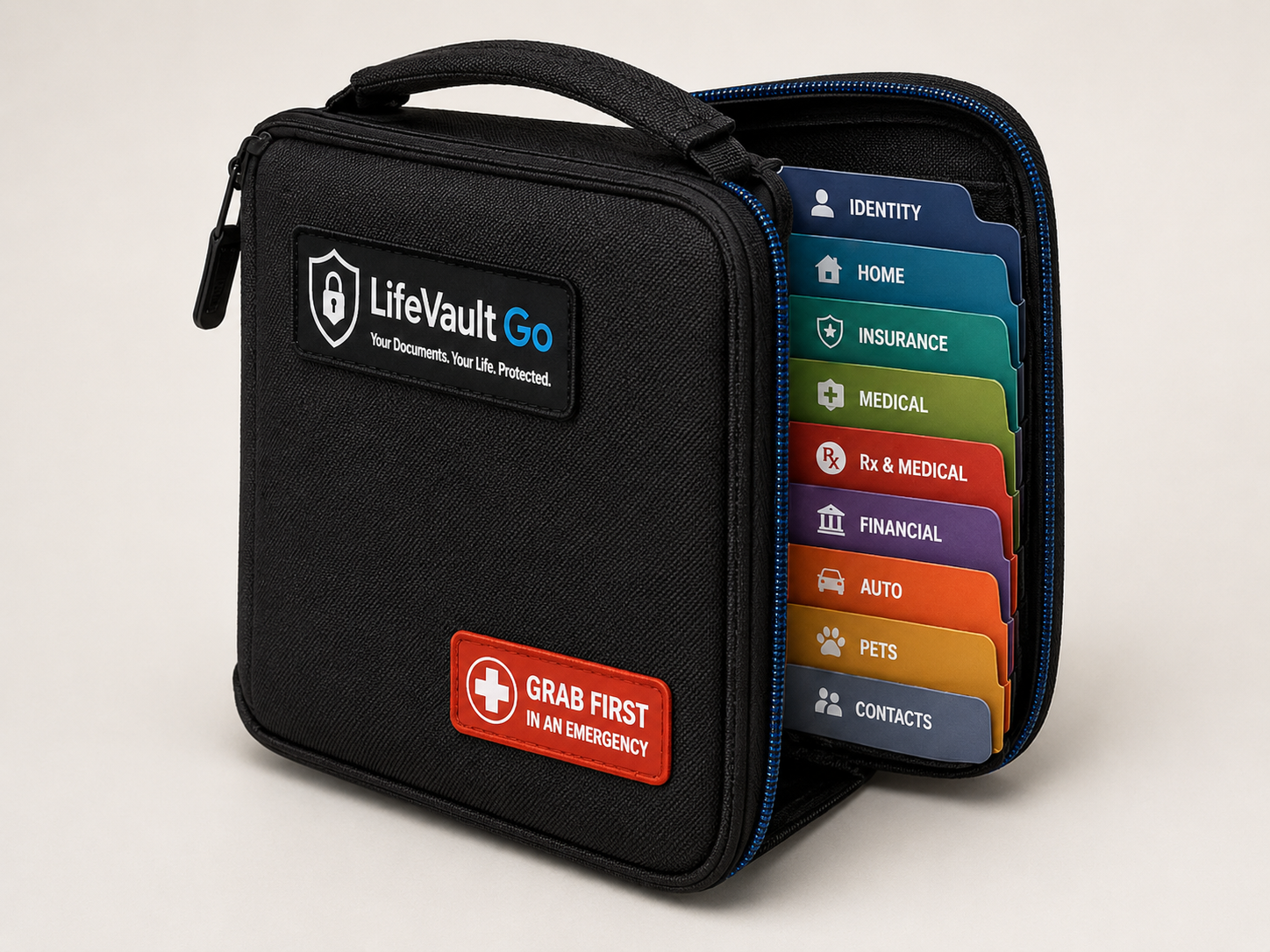 LifeVault Go black handled emergency document organizer with color-coded sections